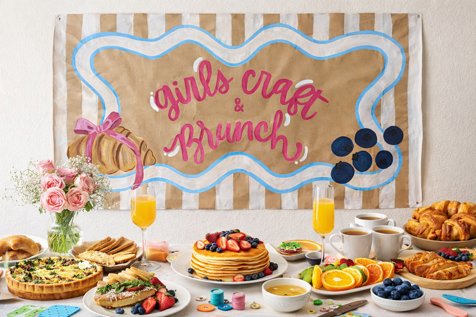 banner with girls craft and brunch on wall and a table with fresh flowers and brunch food