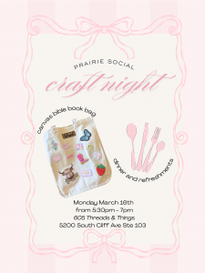 Cute pink and cream flyer with canvas bag and iron on patches titled bible book bag craft. 