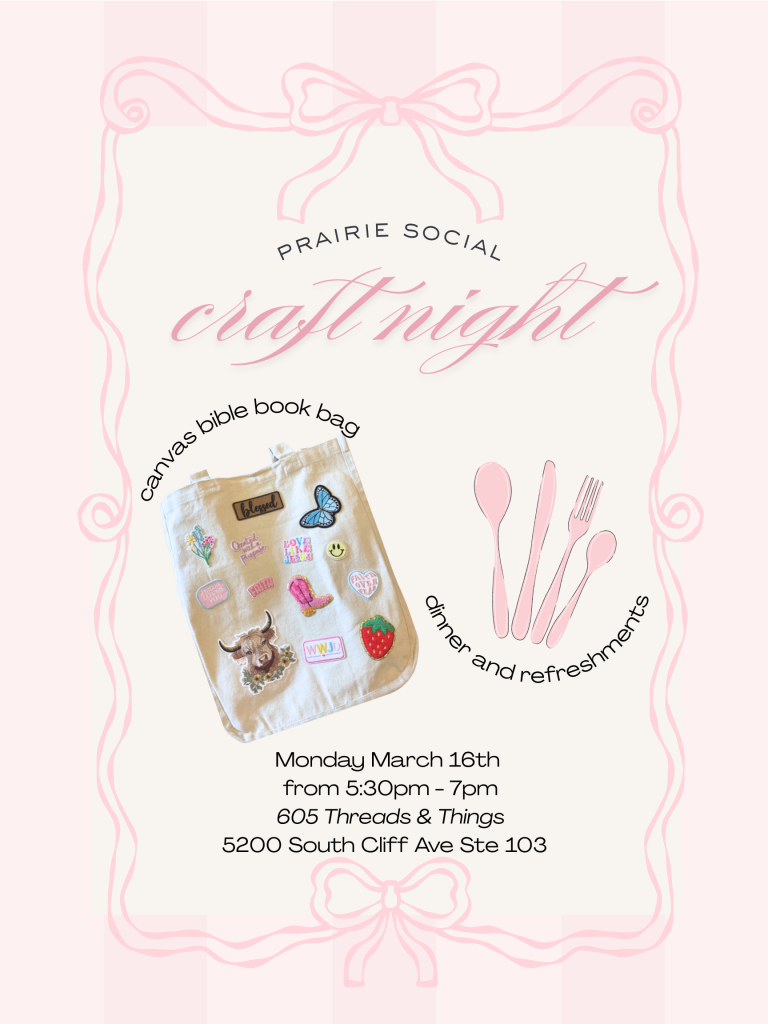 Cute pink and cream flyer with canvas bag and iron on patches titled bible book bag craft.